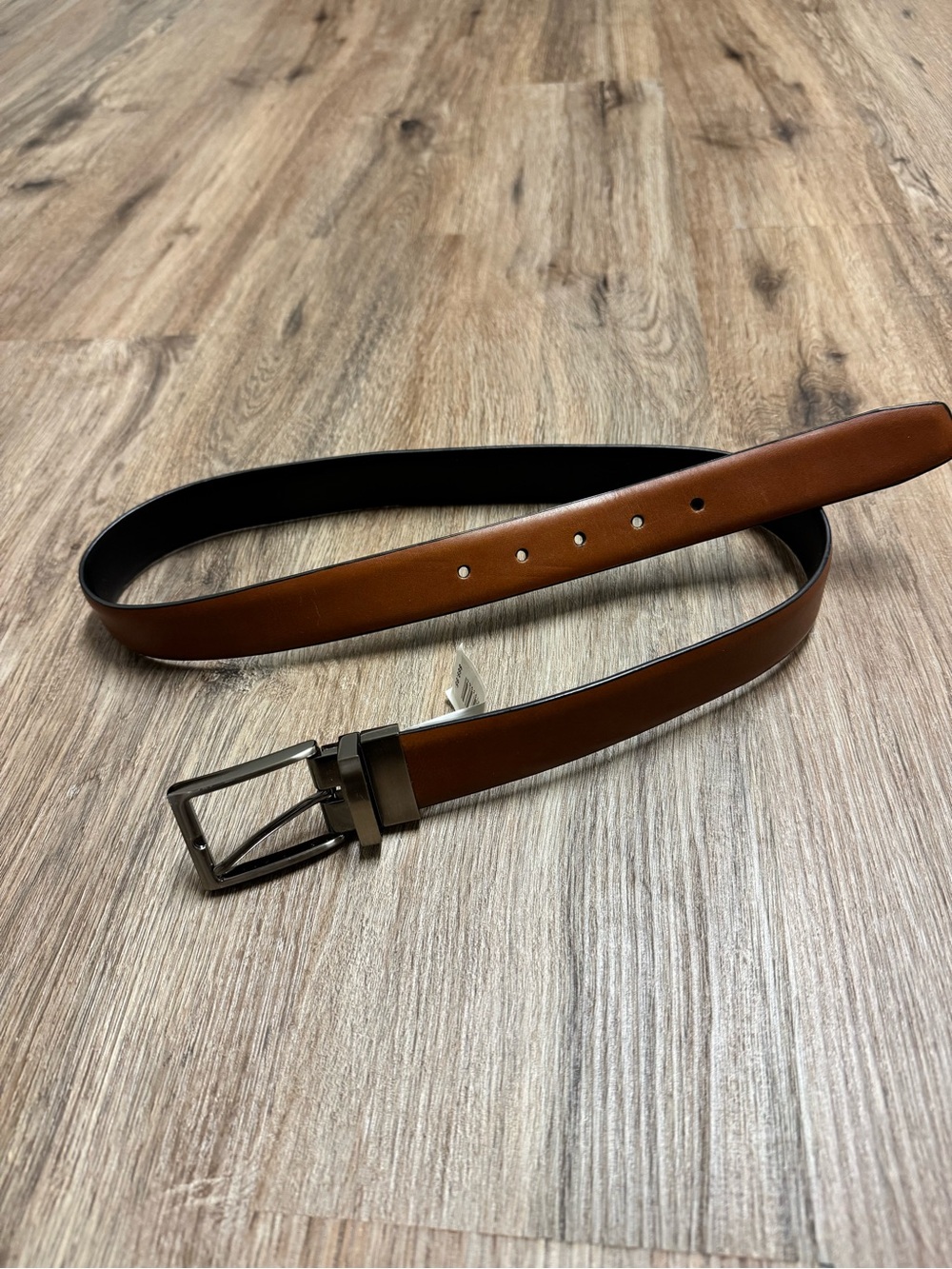 Men's Tan/Brown Leather Belt with Brushed Metal Buckle